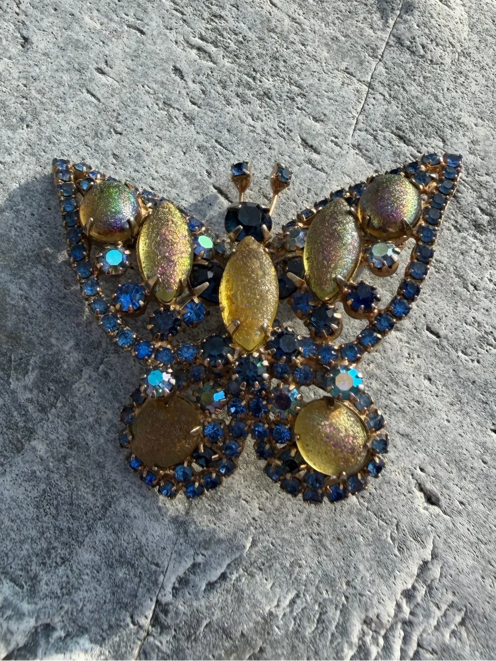 Vintage Blue Frosted Unique Crystal Butterfly Statement Brooch